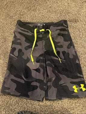 Under Armour Men’s Gray Camo Swim Board Shorts with Neon Yellow Drawcord